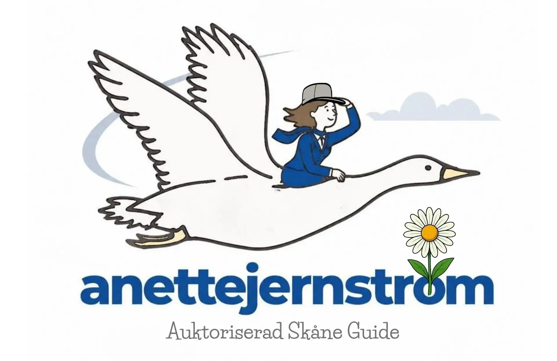 Logotype Anette Jernström en gås med en kvinna som sitter på gåsens rygg